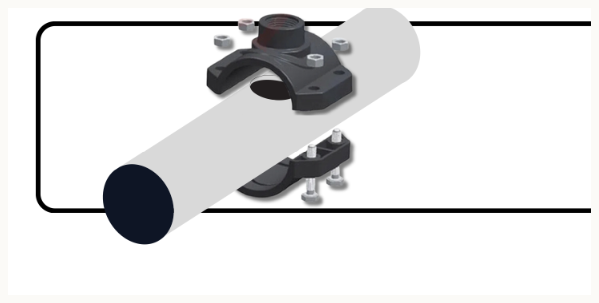 Saddle clamp mounted on PVC pipe
