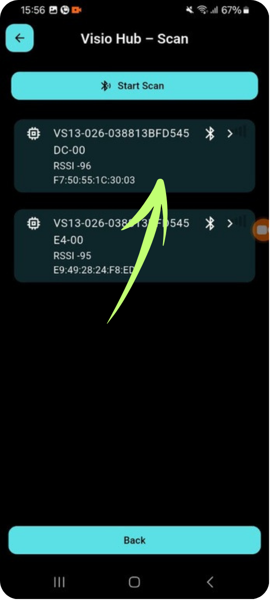 Visio Hub scan results — tap your device
